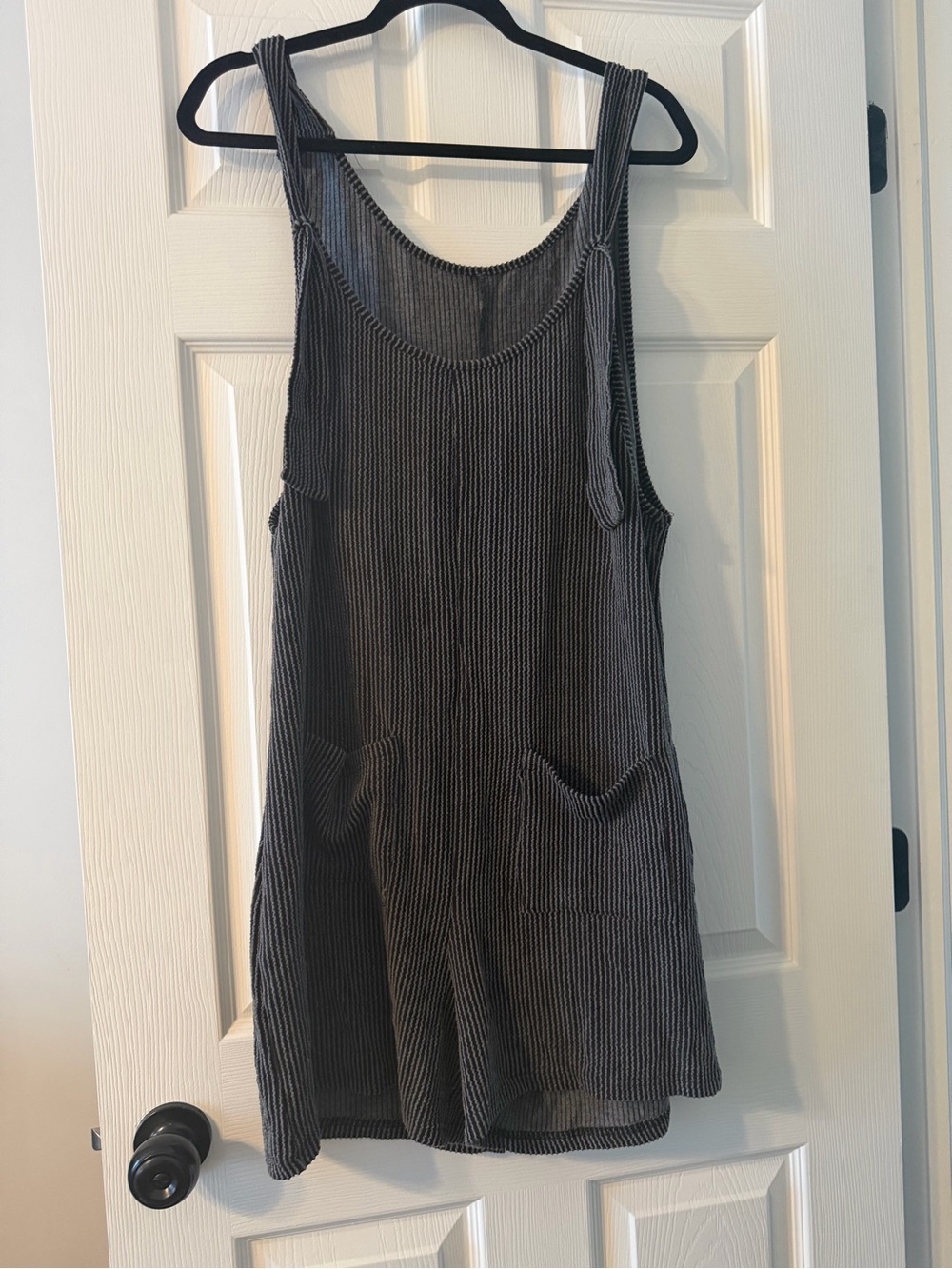 Women's Charcoal Ribbed Tank Romper - Casual Pocket Jumpsuit